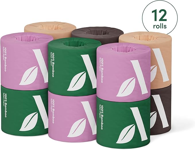 100% 3-ply Bamboo Toilet Paper, Unscented, 12 Rolls, 350 Sheets per roll, Total 4200 Sheets, Plastic-Free