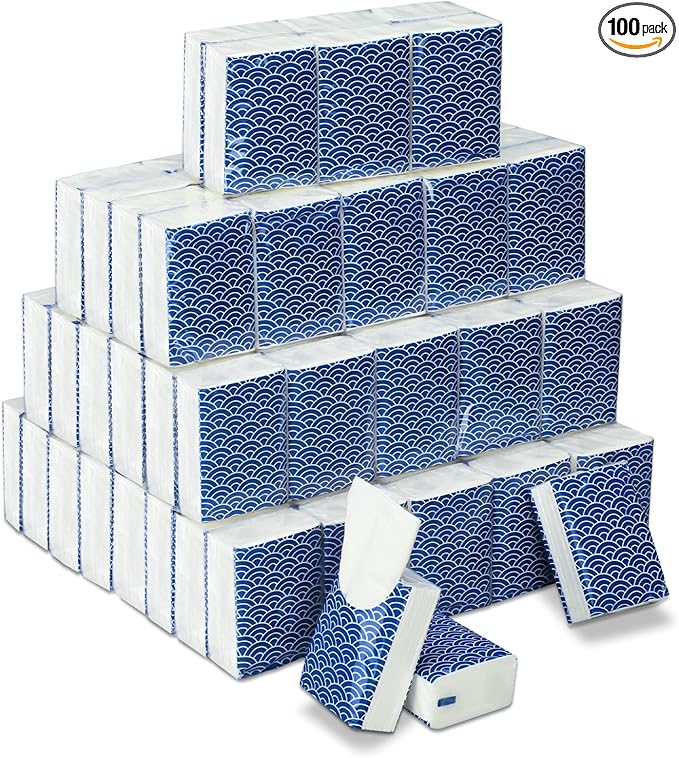 100 Pack Pocket Tissues Travel Packs Bulk 1000 Sheet Mini Tissues Bulk 3 Ply Small Travel Size Paper Individual Pocket Size (Cool)
